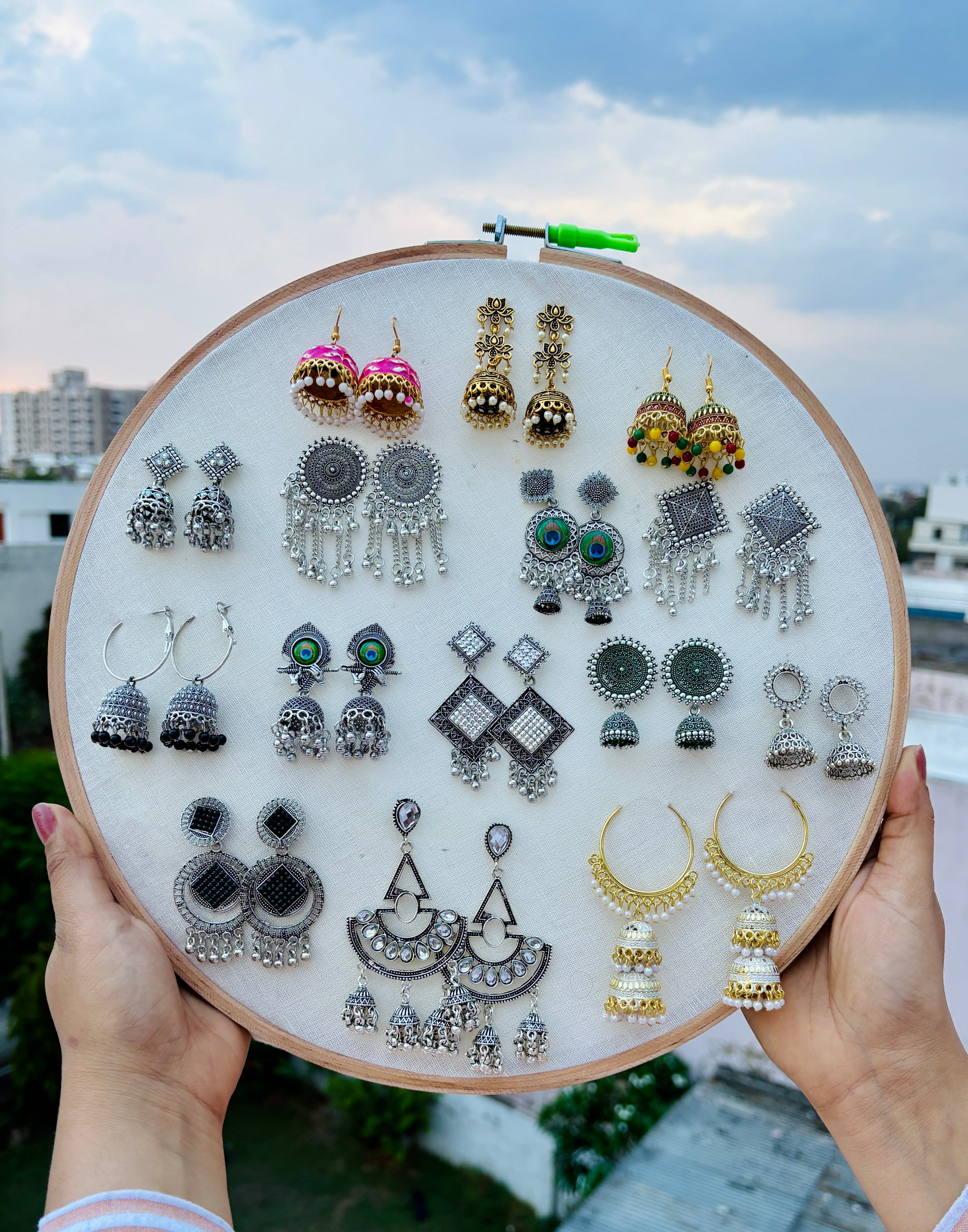 Premium Jaipuri New Oxidised Set Of 12 Jhumkas Combo With 3 Rings Set