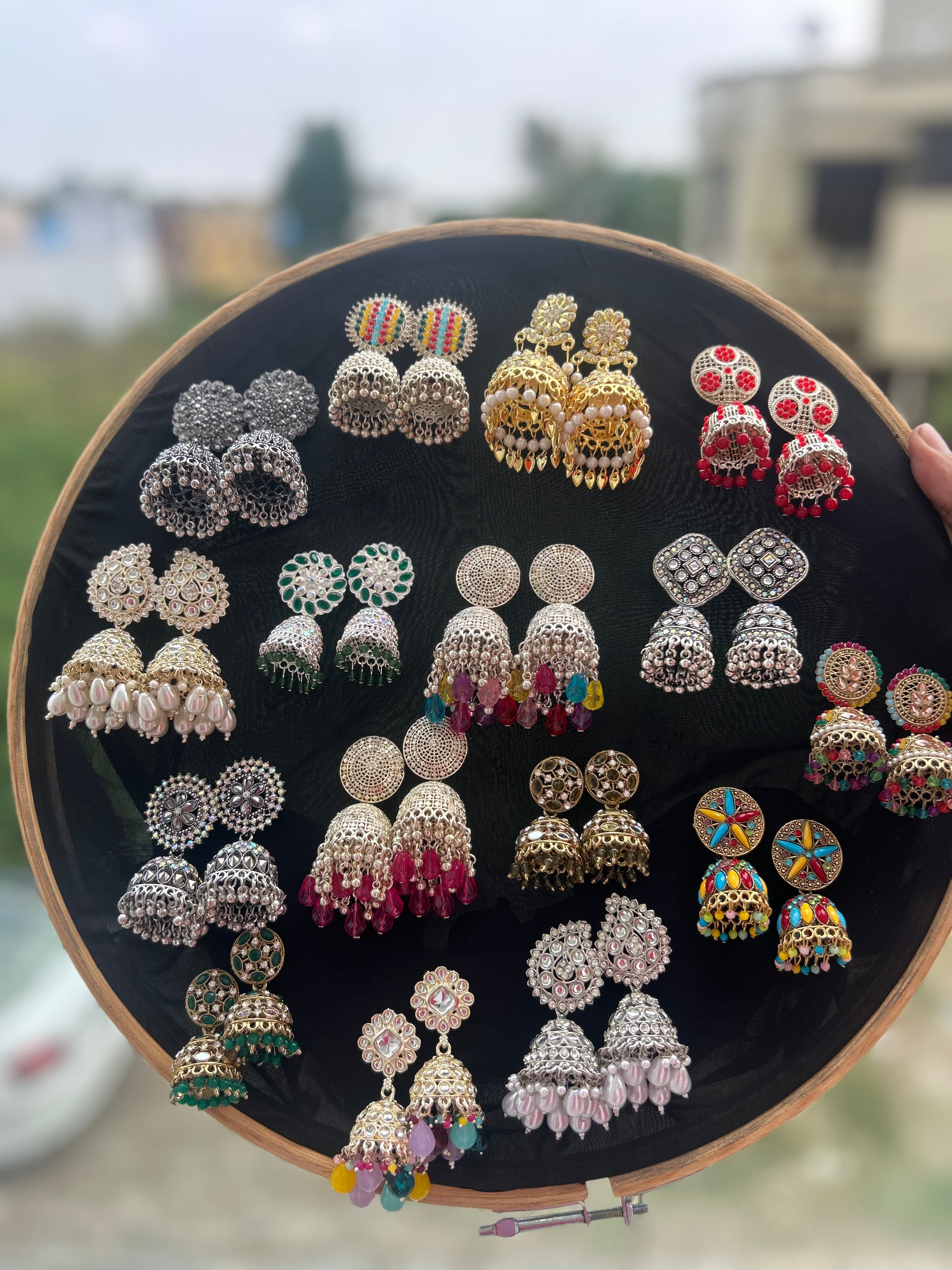 Premium Beautiful Oxidized Set Of 12 Jhumkas Combo With Free Rings Set