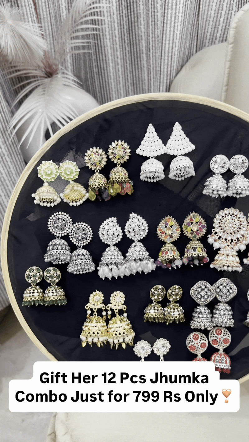 Premium Jaipuri Oxidized Set Of 12 Jhumkas Combo With Free 3 Rings Set