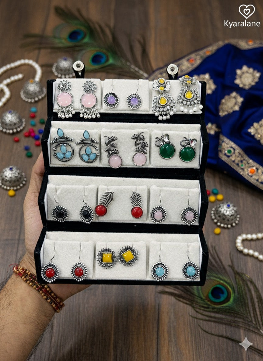 Premium Velvet Box With 12 Oxidised Jaipuri Earrings With Free Gift