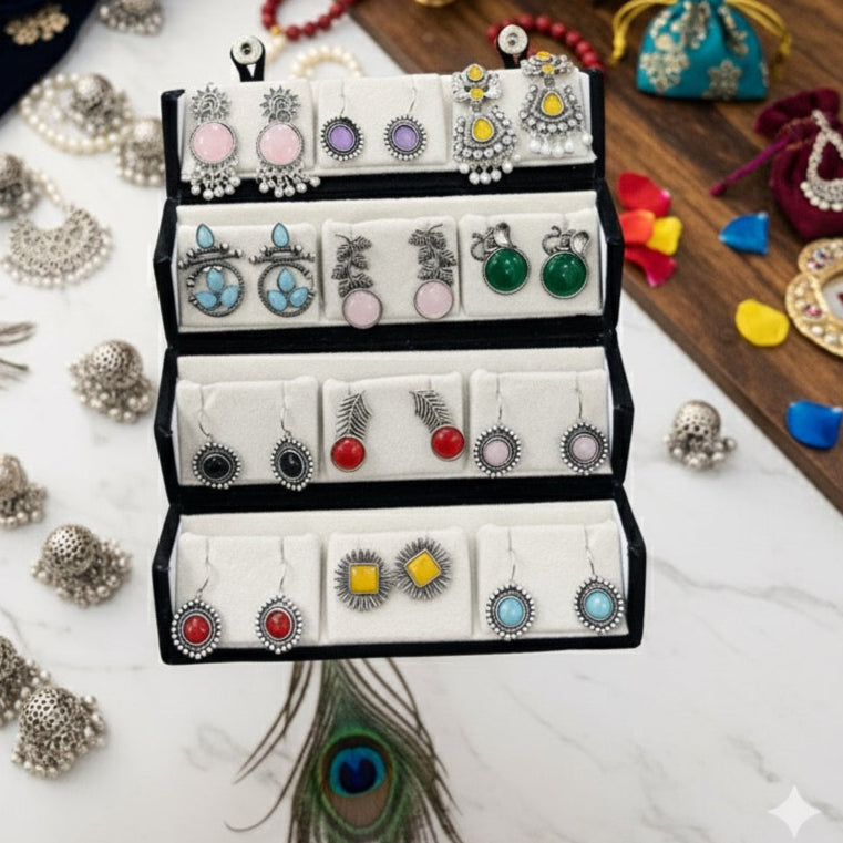 Premium Velvet Box With 12 Oxidised Jaipuri Earrings With Free Gift