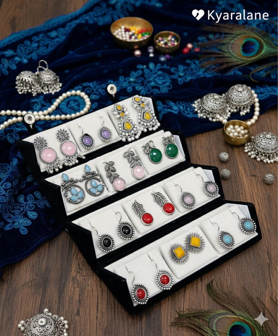 Premium Velvet Box With 12 Oxidised Jaipuri Earrings With Free Gift