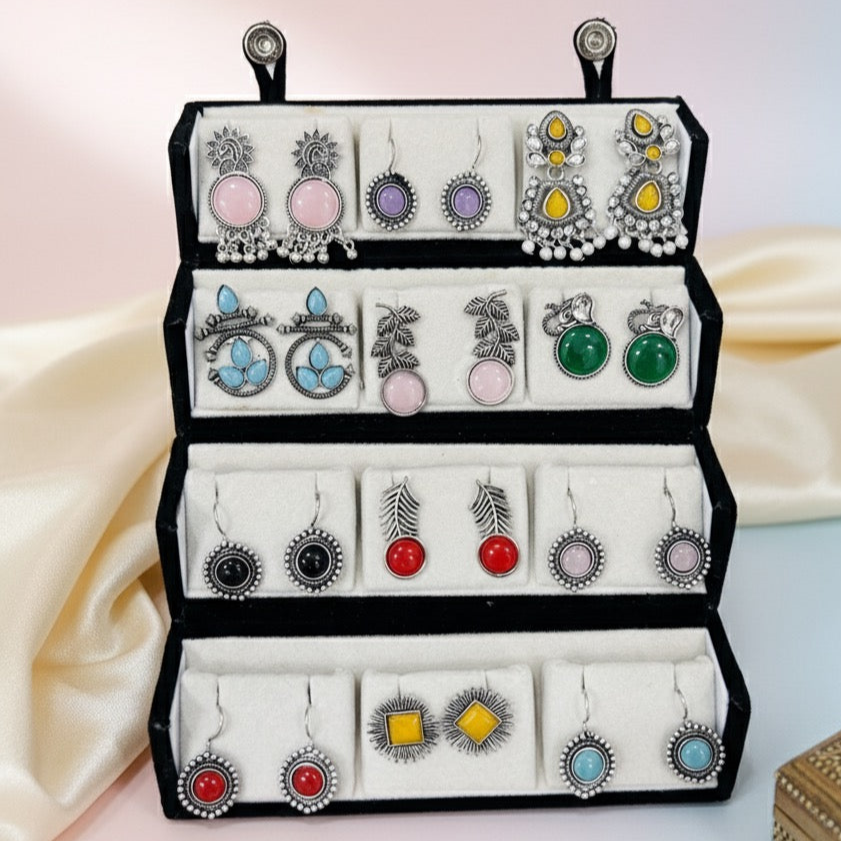 Premium Velvet Box With 12 Oxidised Jaipuri Earrings With Free Gift