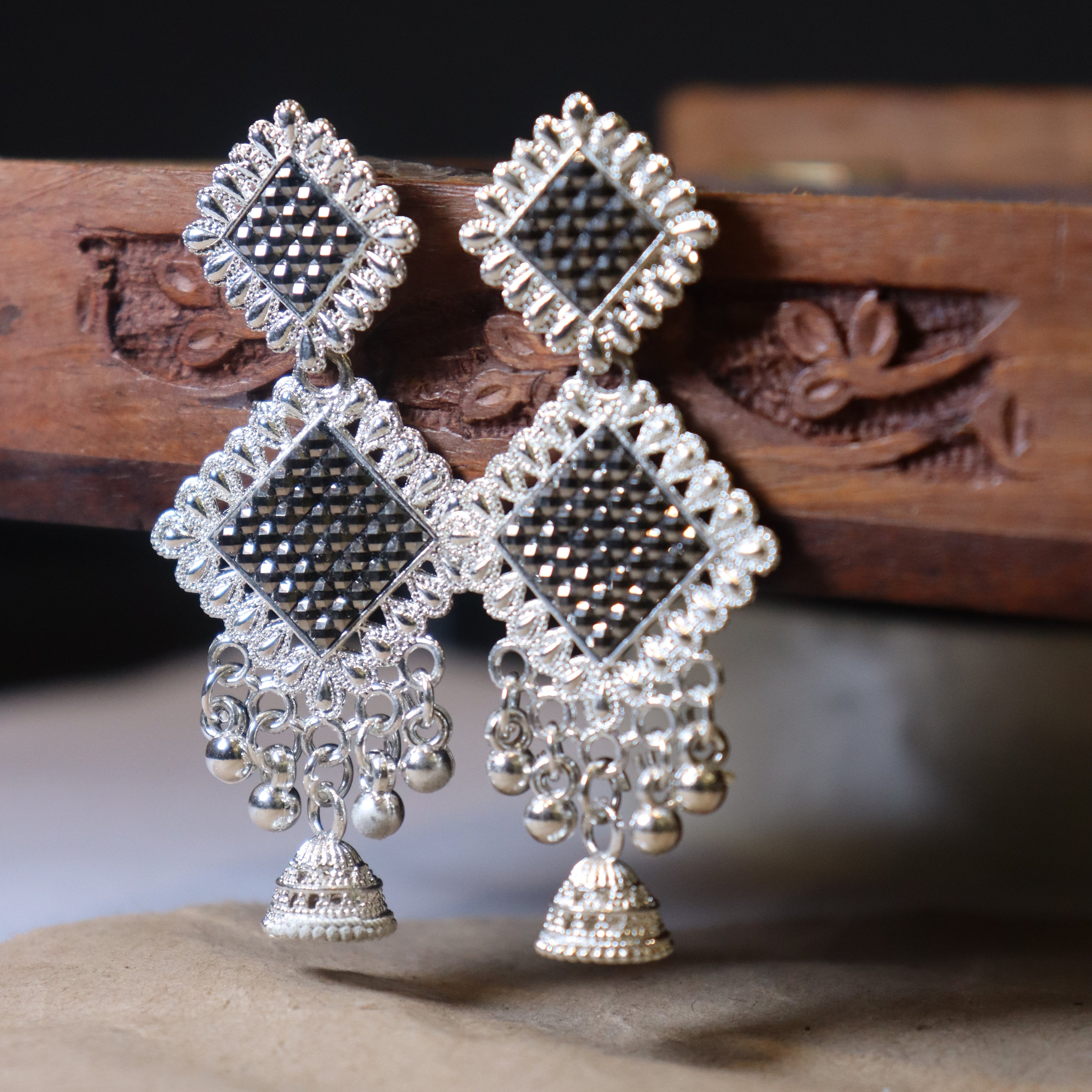 Premium Oxidised 12 Set of Jaipuri Jhumkas With Free Rings Set