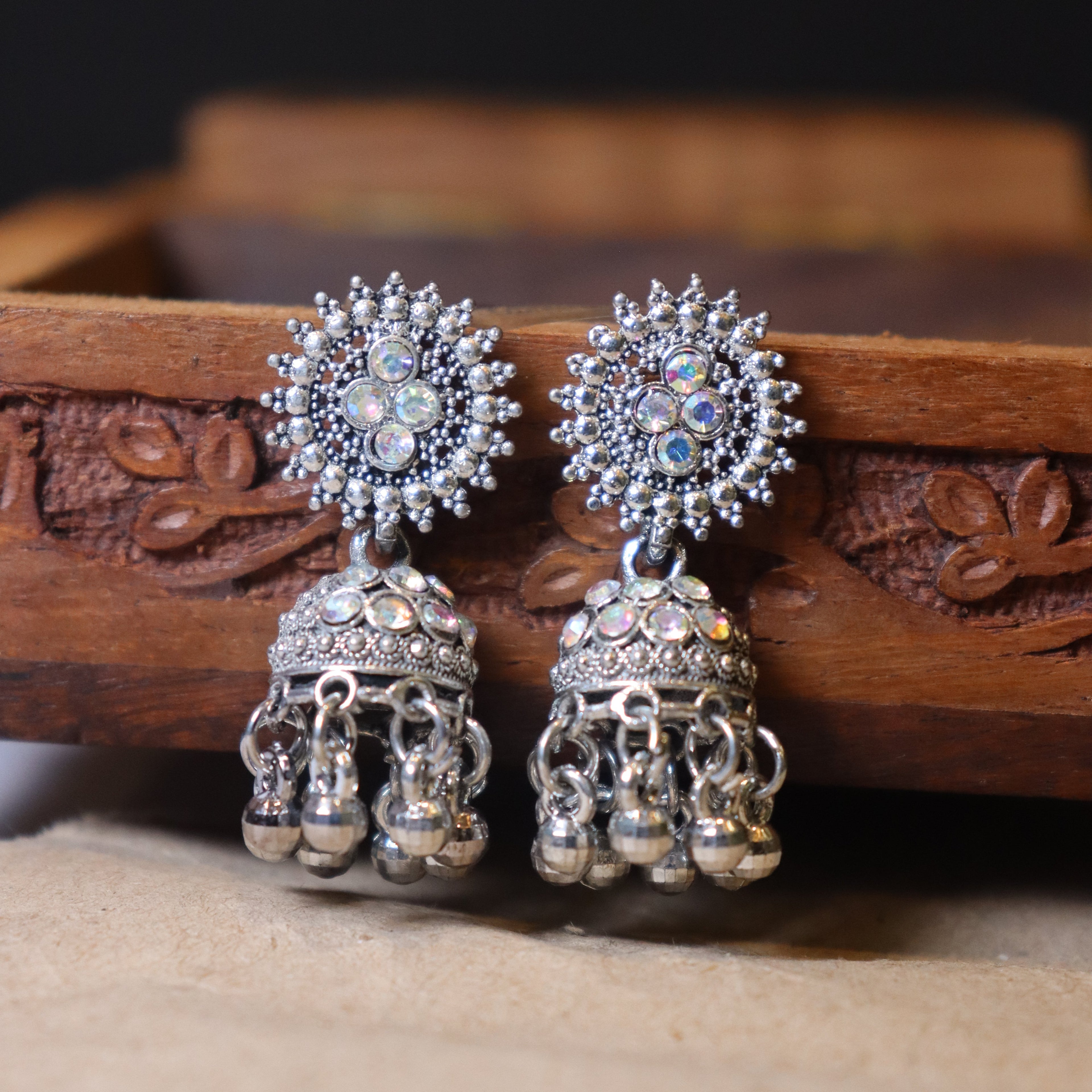 Premium Oxidised 12 Set of Jaipuri Jhumkas With Free Rings Set