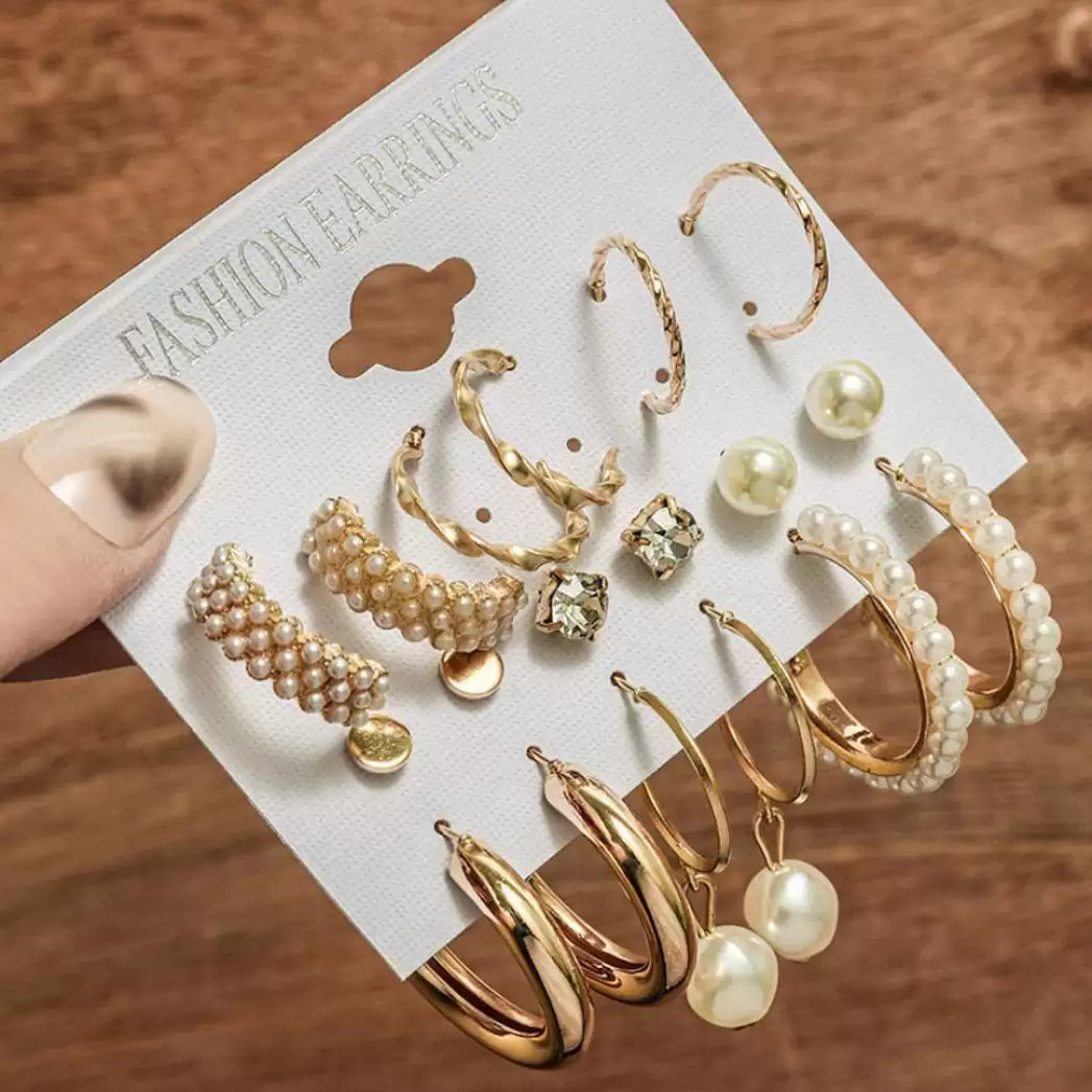 Premium Jaipuri Set of 9 Gold Plated Alloy Earrings Set with Free Gift