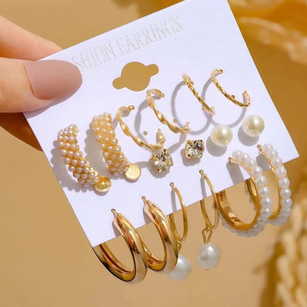 Premium Jaipuri Set of 9 Gold Plated Alloy Earrings Set with Free Gift