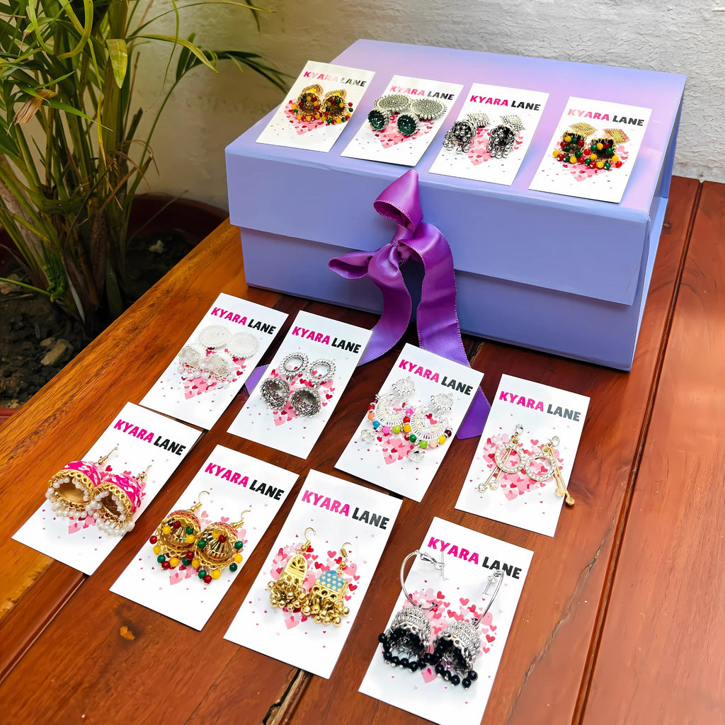 Premium Jaipuri Oxidized Set Of 12 Earrings Combo With Free Gift