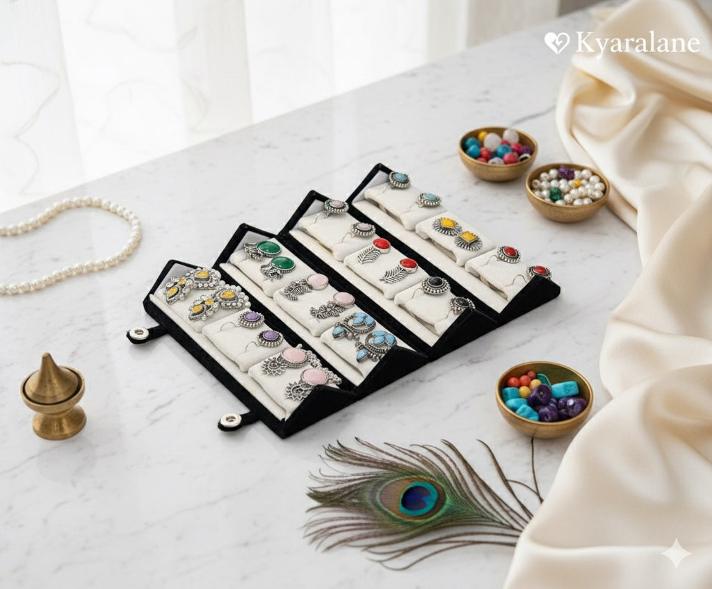 Premium Velvet Box With 12 Oxidised Jaipuri Earrings With Free Gift