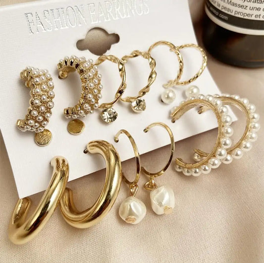 Premium Jaipuri Set of 9 Gold Plated Alloy Earrings Set with Free Gift