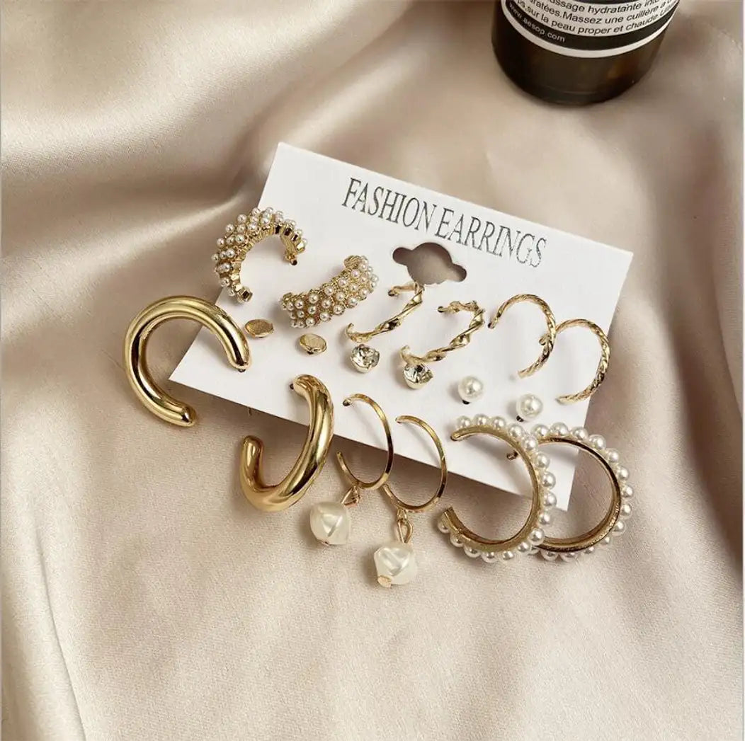 Premium Jaipuri Set of 9 Gold Plated Alloy Earrings Set with Free Gift